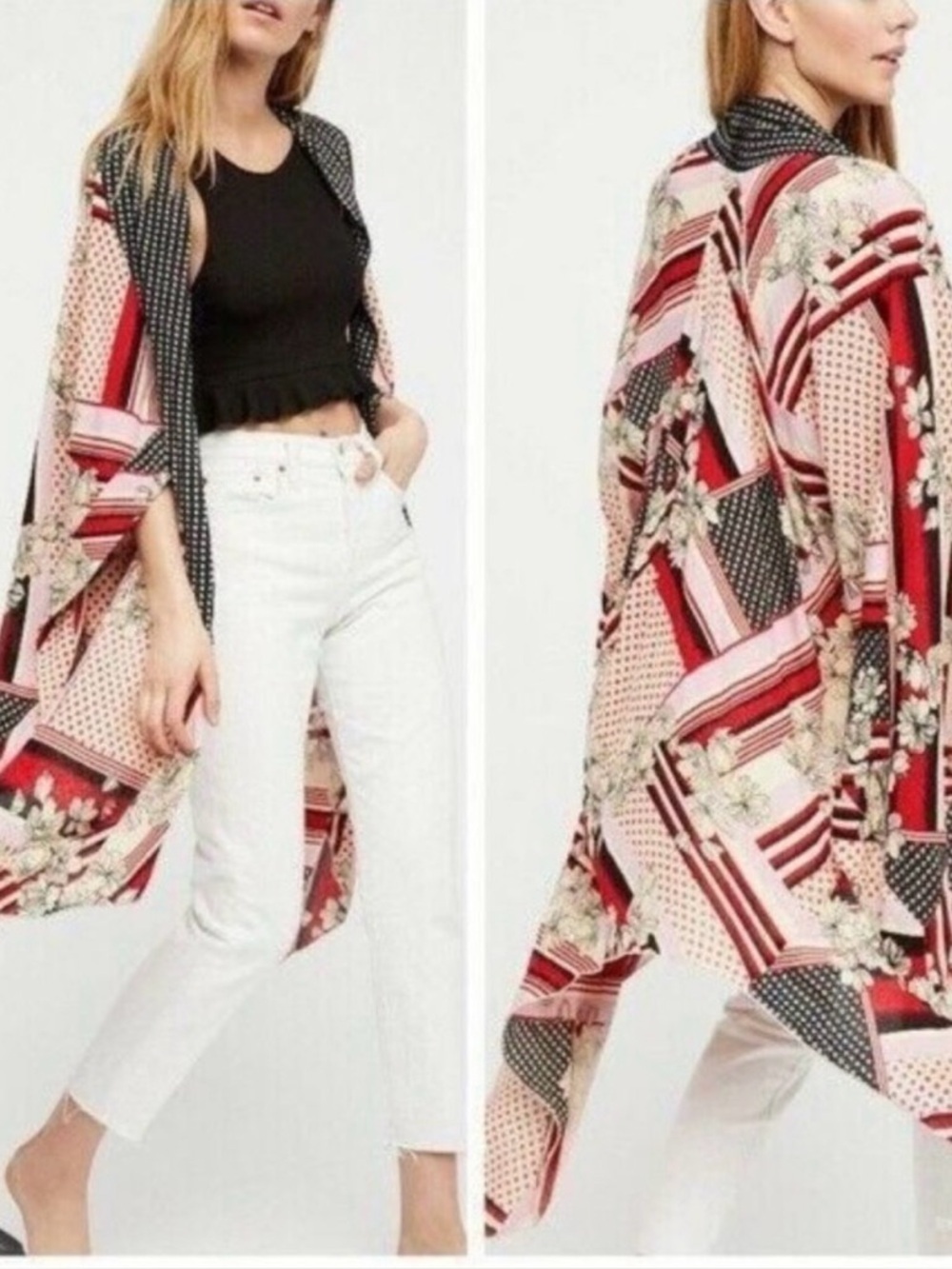 Printed Floral & Geometric Drape Kimono in Red, Black, Pink